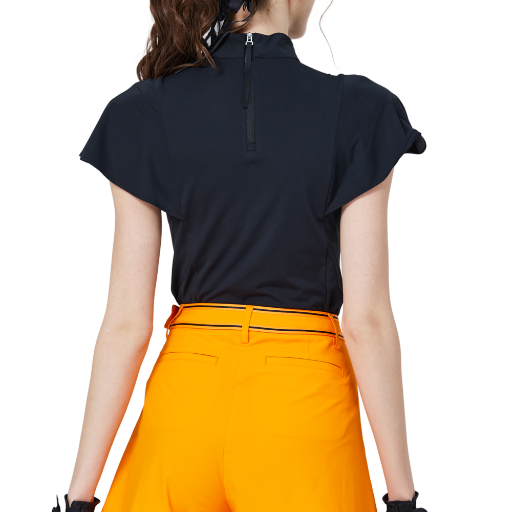 Women's short-sleeved top with wavy sleeves and a stand collar (black)
