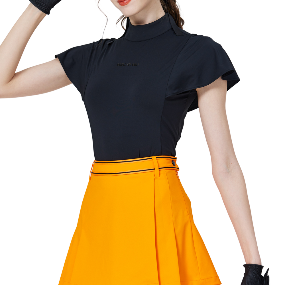 Women's short-sleeved top with wavy sleeves and a stand collar (black)