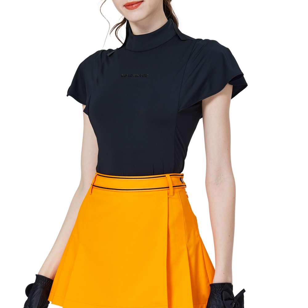 Women's short-sleeved top with wavy sleeves and a stand collar (black)