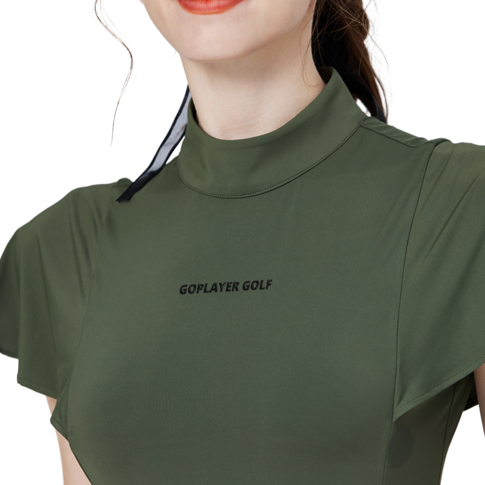波浪袖立領女短袖上衣(軍綠)