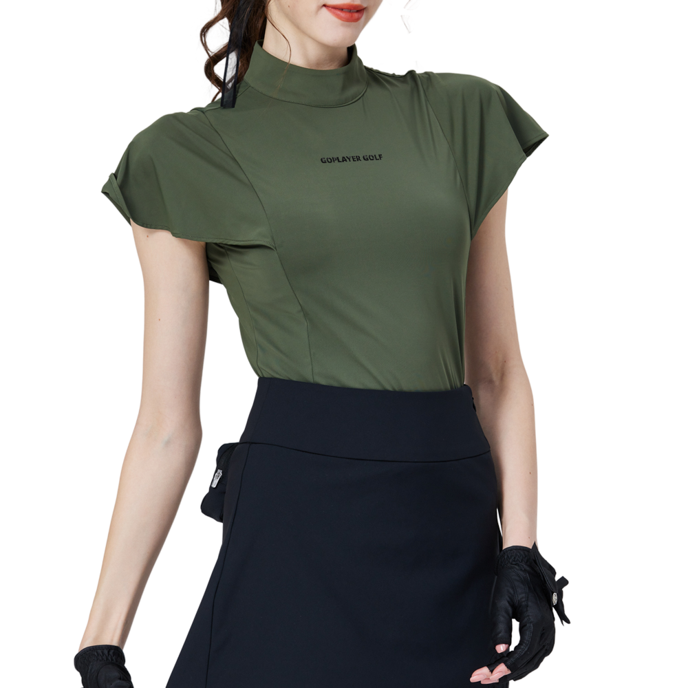 波浪袖立領女短袖上衣(軍綠)