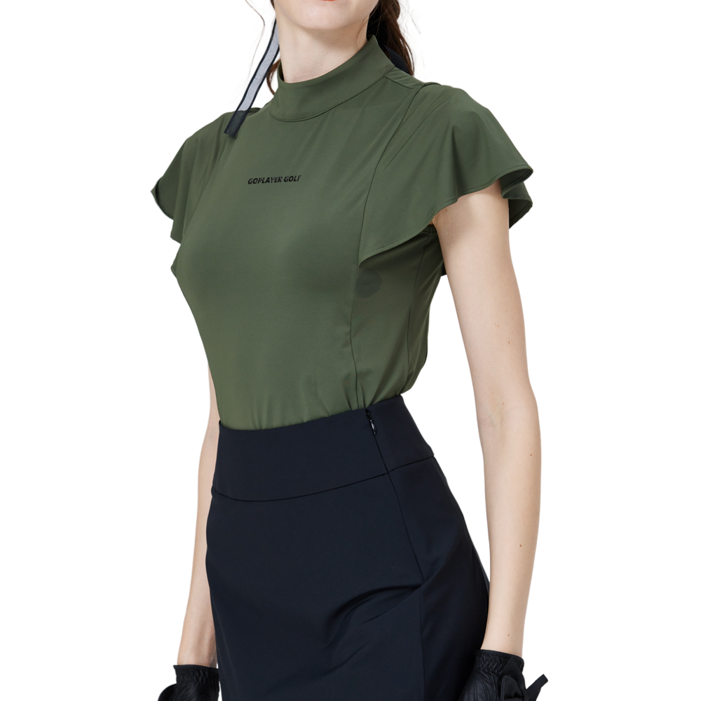 波浪袖立領女短袖上衣(軍綠)