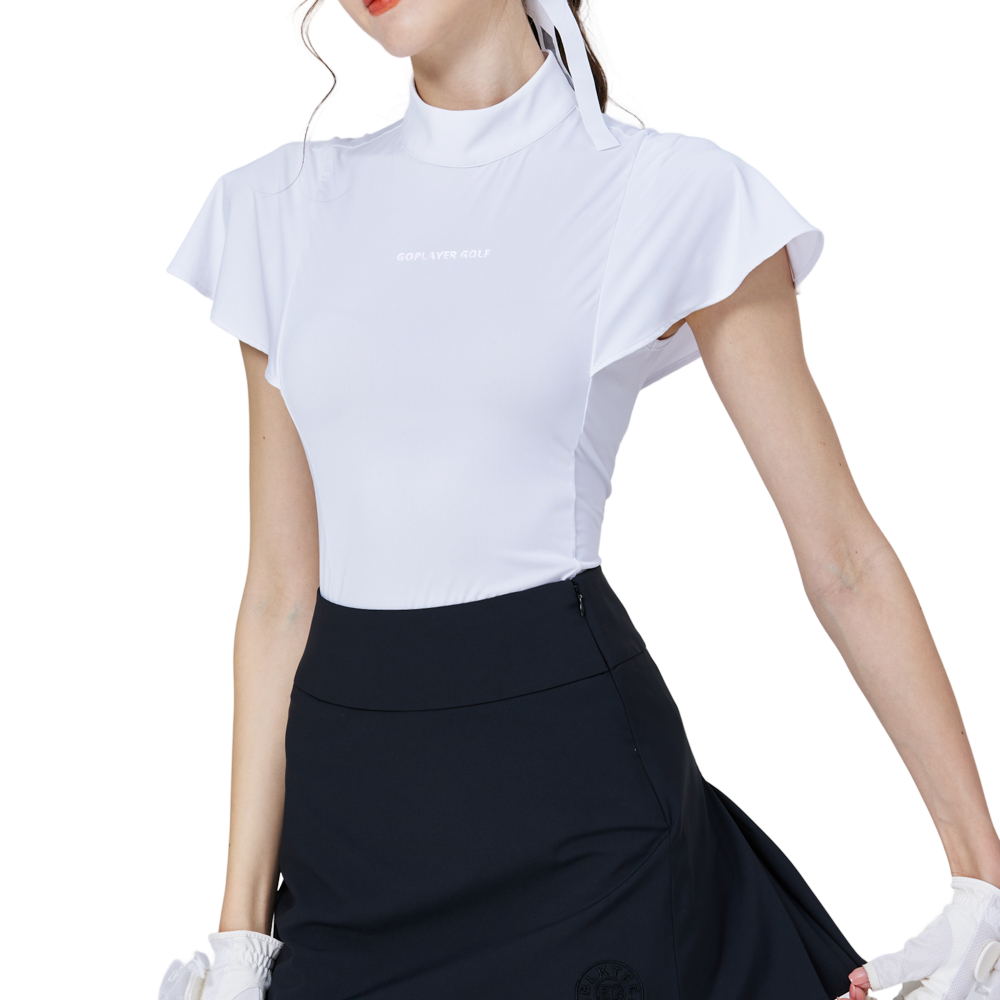 White short-sleeved top with wavy sleeves and a stand-up collar.