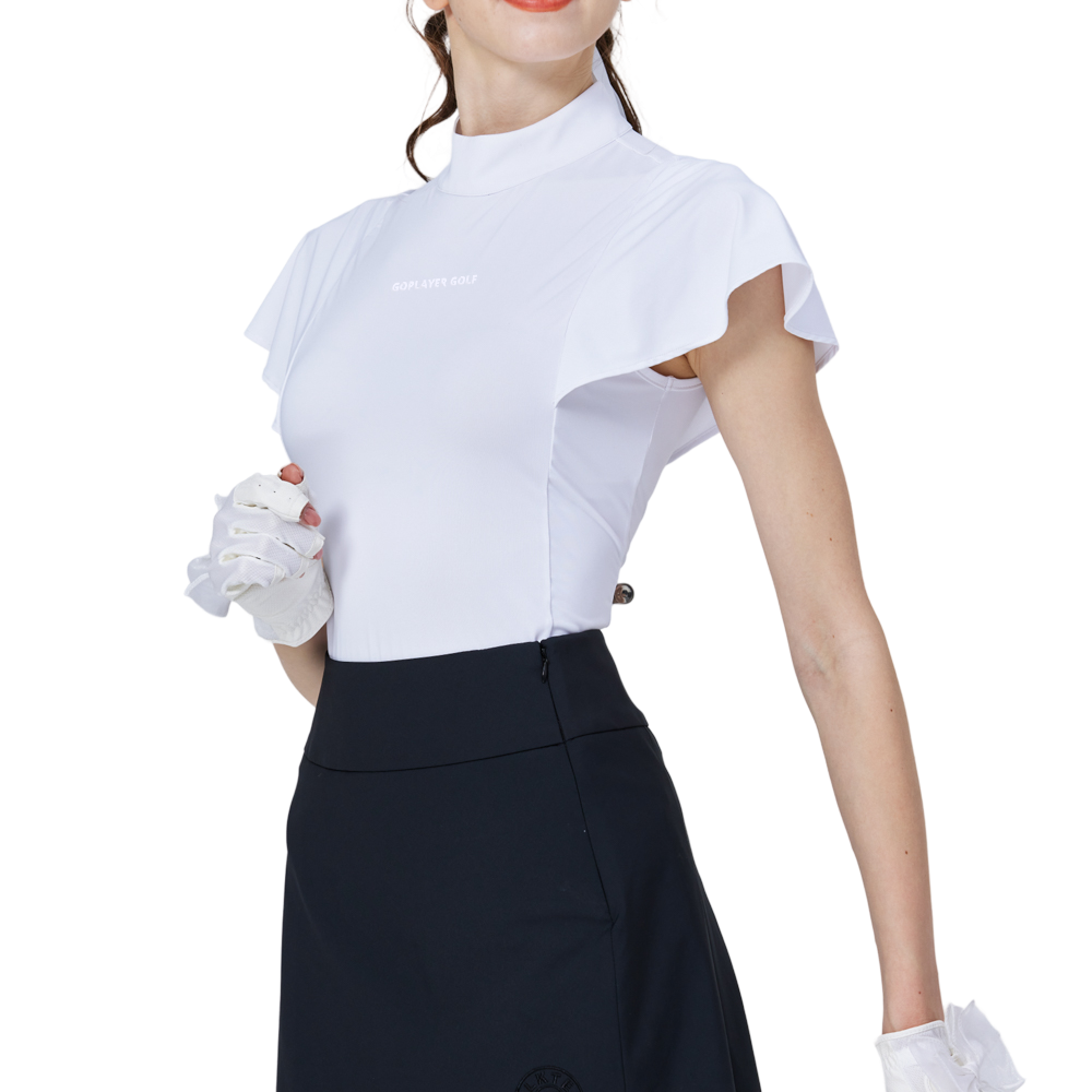 White short-sleeved top with wavy sleeves and a stand-up collar.