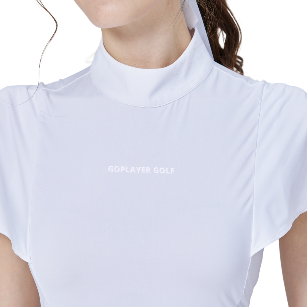White short-sleeved top with wavy sleeves and a stand-up collar.
