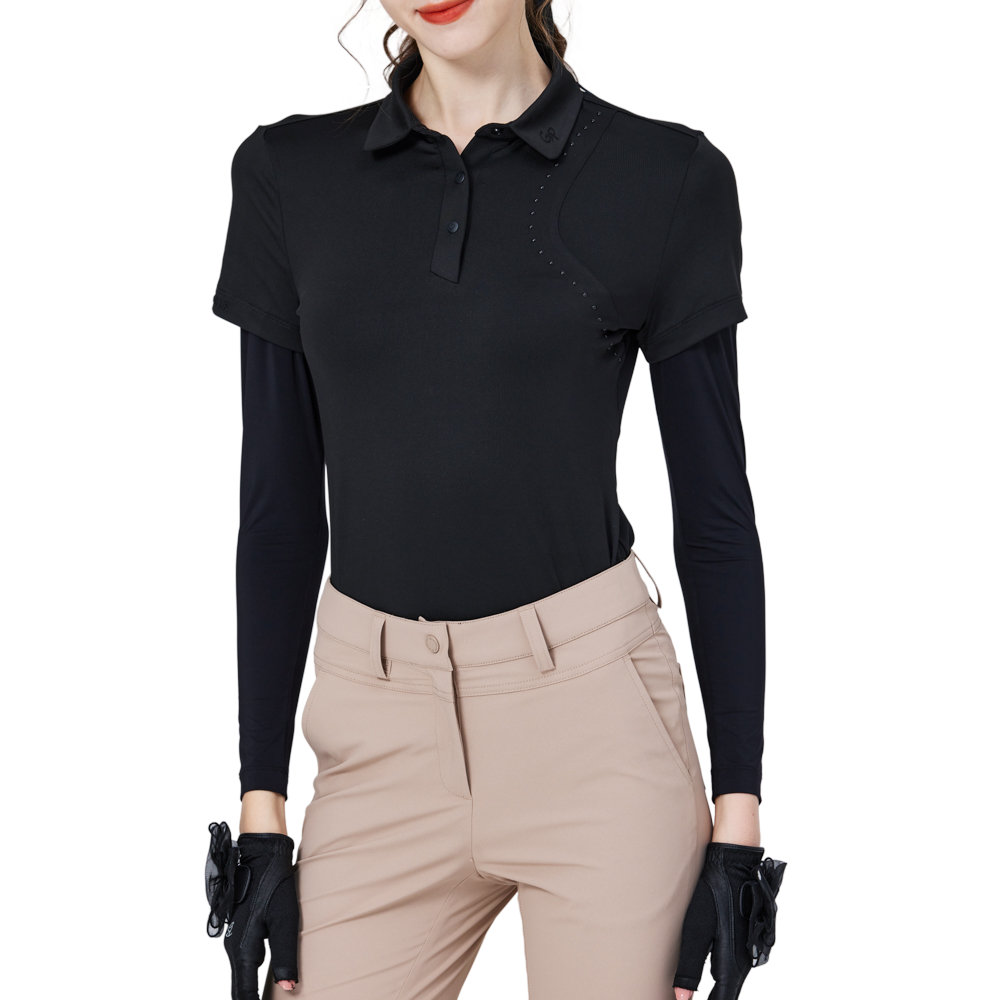 ビーズカラーとシルクパンツが付いたレディース半袖トップス（ブラック）