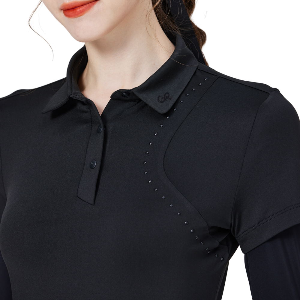 燙珠翻領絲光連袖短袖女上衣(黑)