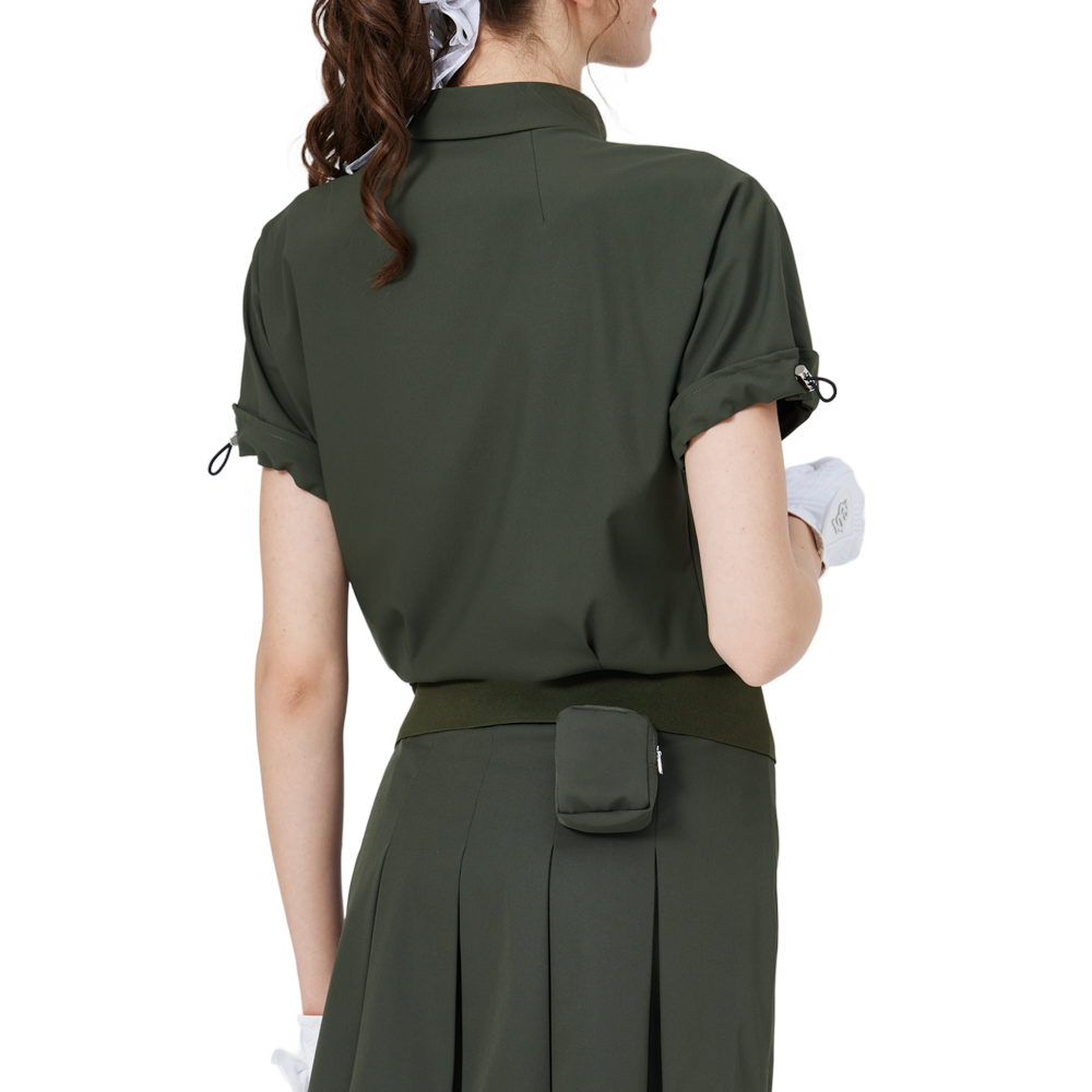 休閑長版寬鬆女短袖上衣(軍綠)