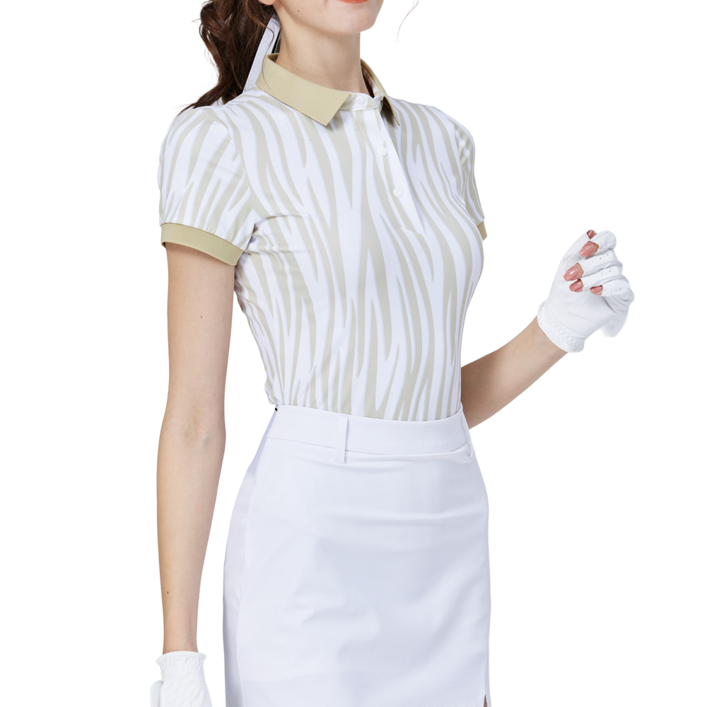 彩條翻領女短袖上衣(卡其)