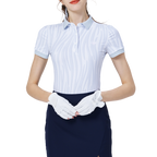 彩條翻領女短袖上衣(淺灰)