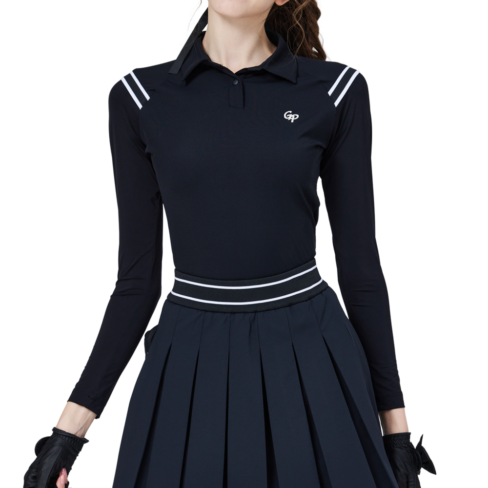 Women's Black Top with Striped Shoulder Panels and Sun-Protective Ice Silk Sleeves