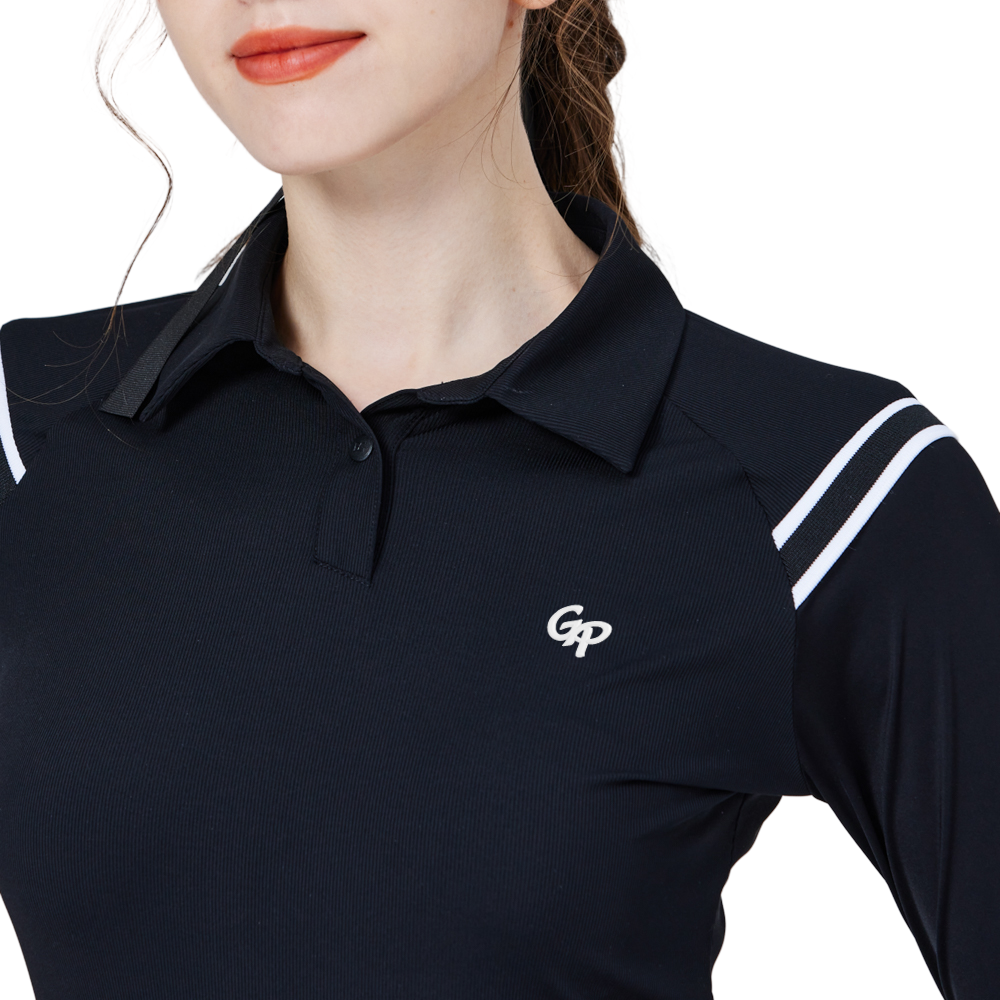 肩拼綫條防曬冰絲袖女上衣(黑)