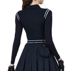 Women's Black Top with Striped Shoulder Panels and Sun-Protective Ice Silk Sleeves