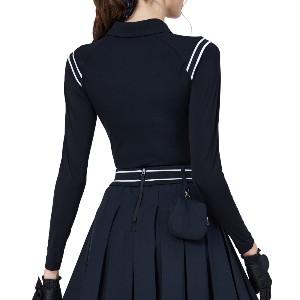 肩拼綫條防曬冰絲袖女上衣(黑)