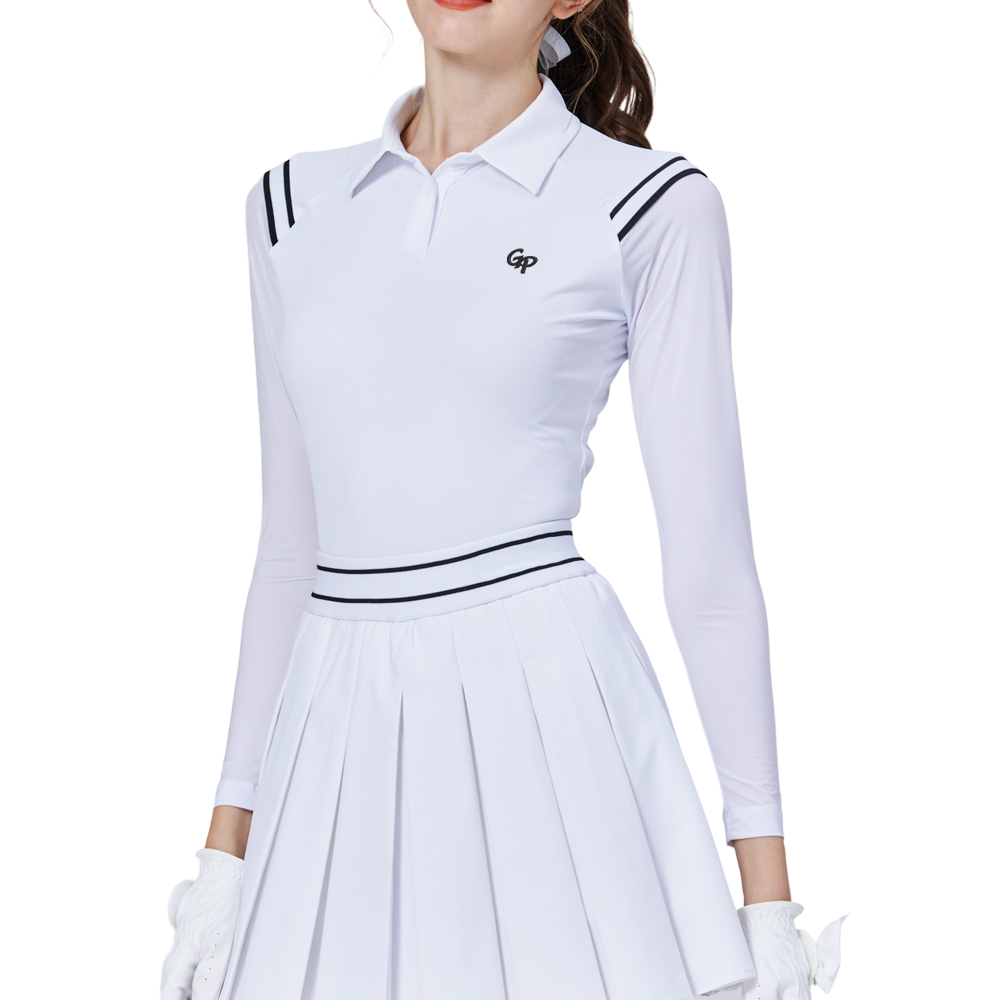 肩拼綫條防曬冰絲袖女上衣(白)