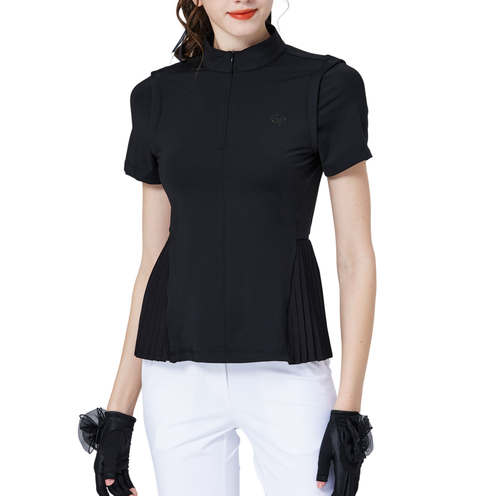 Women's long, loose-fitting short-sleeved top with pleats (black)