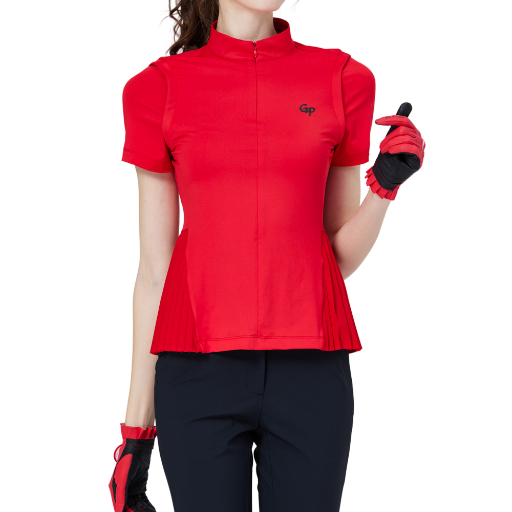 ゆったりとしたプリーツのレディース半袖トップス（レッド）