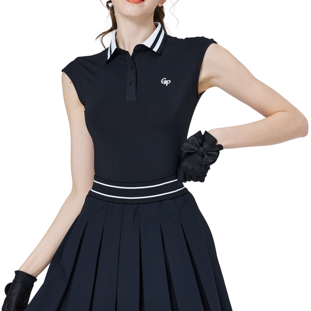 Cooling, fitted waist, college neck, sleeveless top (black)