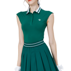 Cool-fitting, fitted waist, college neck, sleeveless top (dark green)