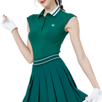 Cool-fitting, fitted waist, college neck, sleeveless top (dark green)