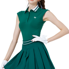 Cool-fitting, fitted waist, college neck, sleeveless top (dark green)