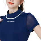 Women's short-sleeved top with round neck and mesh sleeves (royal blue)