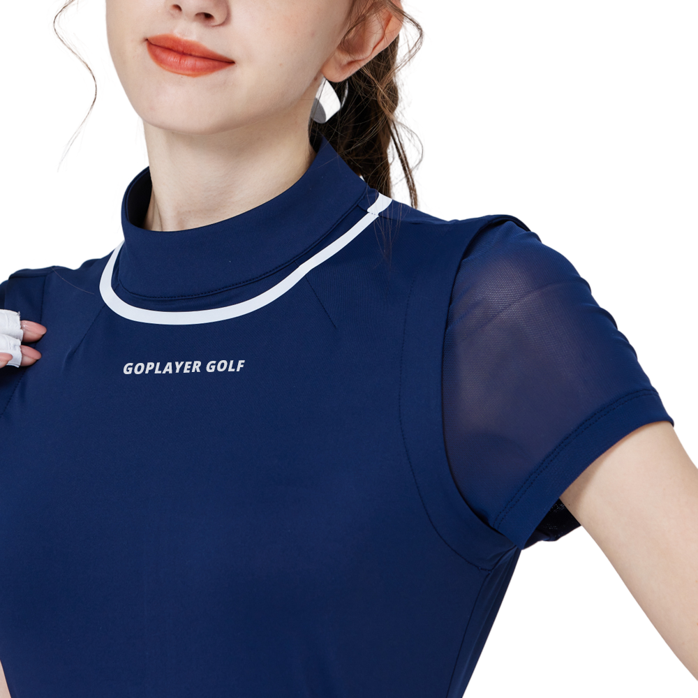 網紗袖圓領女短袖上衣(寶藍)