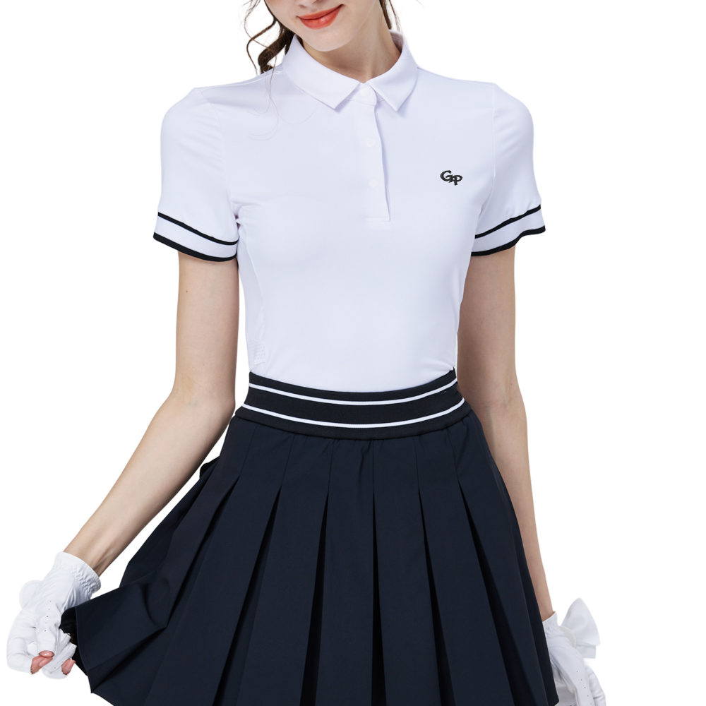 Ribbed cuffs, silky finish, women's short-sleeved top (white)