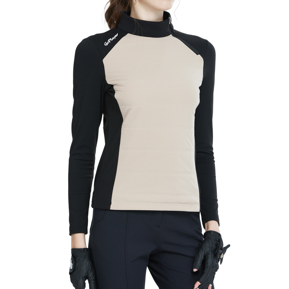 Khaki turtleneck sweatshirt with diagonal zipper