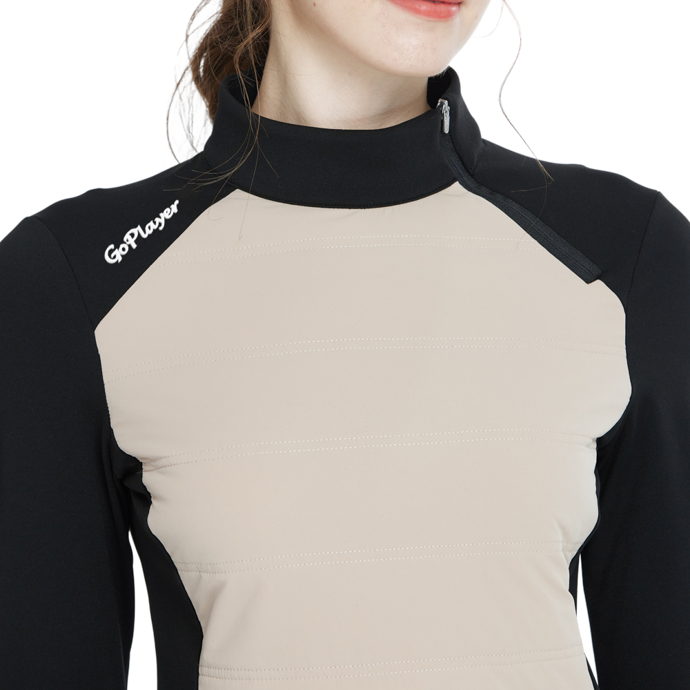 Khaki turtleneck sweatshirt with diagonal zipper