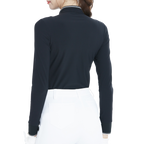 Black long-sleeved top with stand-up collar