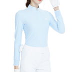 Light blue long-sleeved top with a stand-up collar.