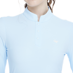 Light blue long-sleeved top with a stand-up collar.