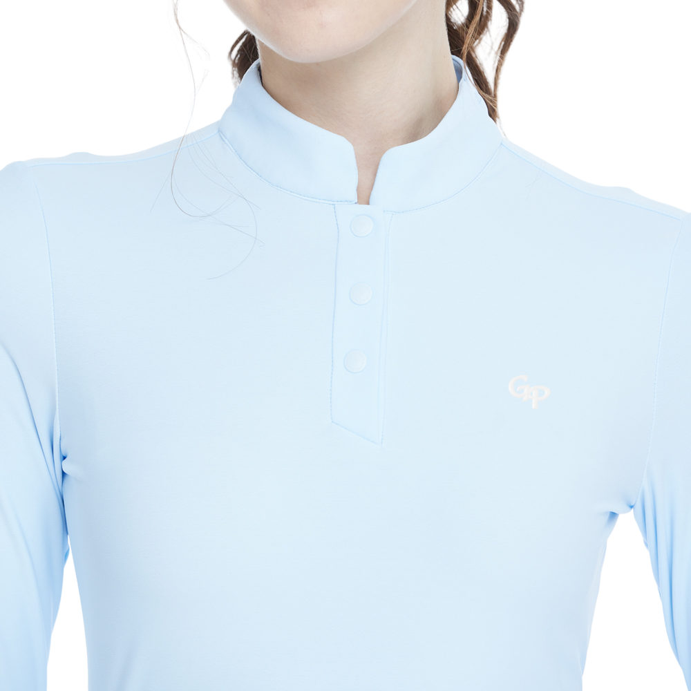 Light blue long-sleeved top with a stand-up collar.