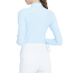 Light blue long-sleeved top with a stand-up collar.