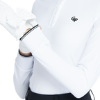 White long-sleeved top with stand-up collar