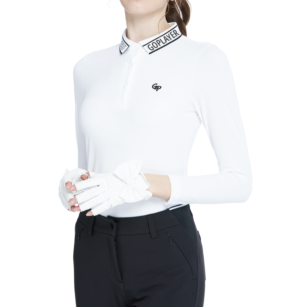 White long-sleeved knitted jacquard collar top