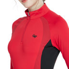 Zippered stand-up collar color-blocked long-sleeved top (red)