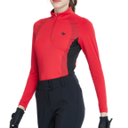 Zippered stand-up collar color-blocked long-sleeved top (red)