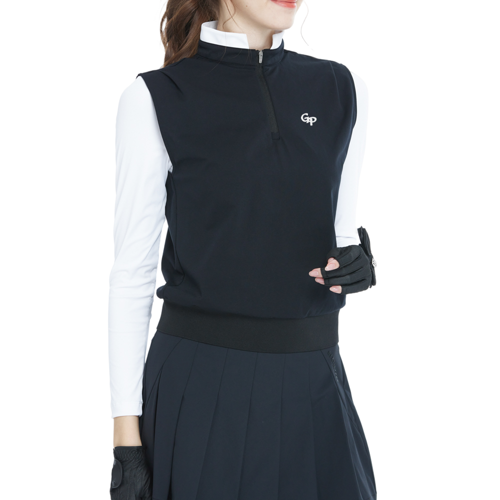 Stand-up collar, fitted waist, long-sleeved vest (black)