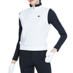 White long-sleeved vest with stand-up collar and fitted waist.