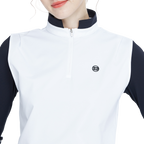 White long-sleeved vest with stand-up collar and fitted waist.
