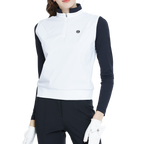 White long-sleeved vest with stand-up collar and fitted waist.
