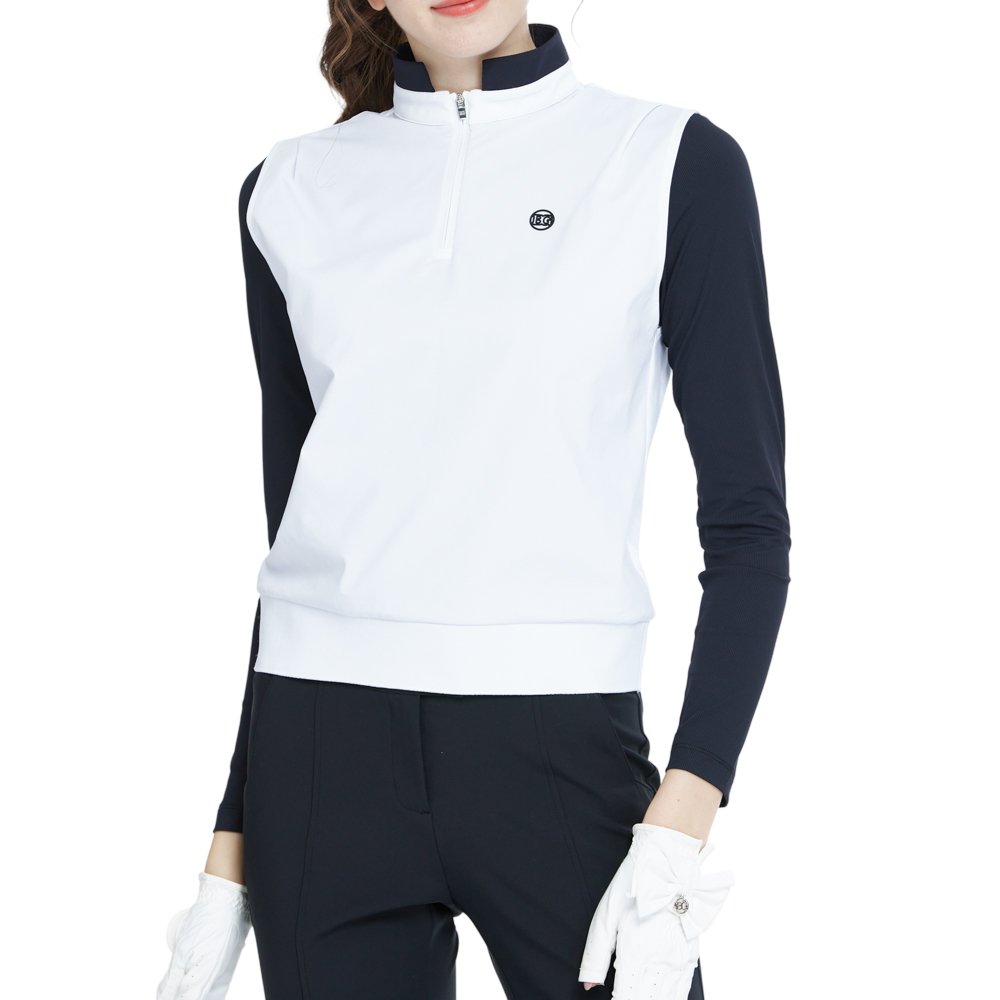 White long-sleeved vest with stand-up collar and fitted waist.