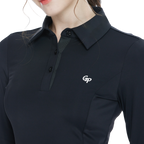 Black long-sleeved top with rhinestone embellishments and a turn-down collar.