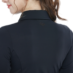 Black long-sleeved top with rhinestone embellishments and a turn-down collar.
