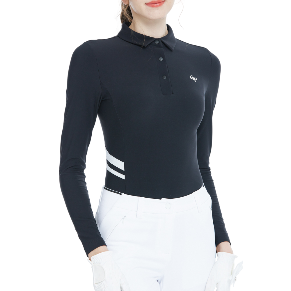 Collared, fitted waist, long-sleeved top (black)