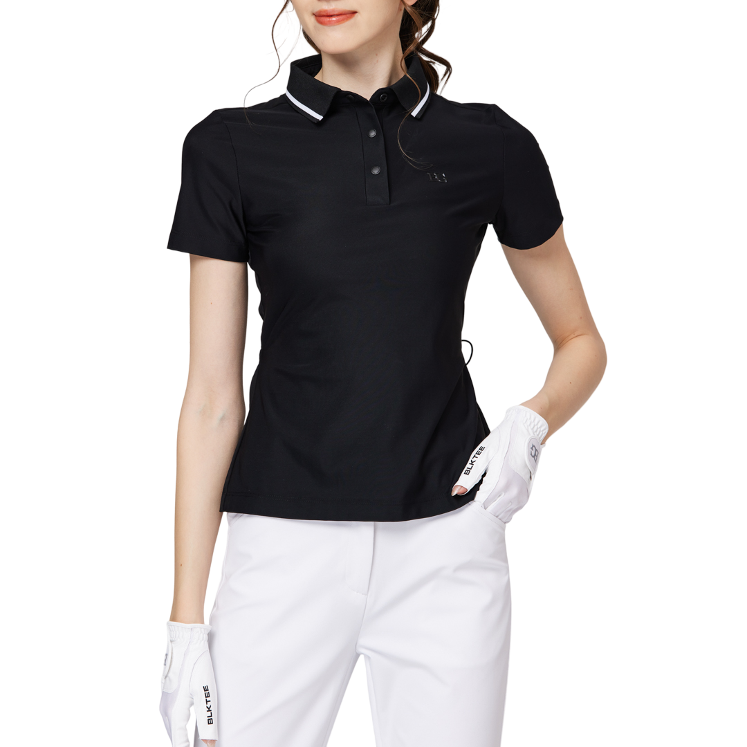 リブネックライン、ウエストにフィットするレディース半袖トップス