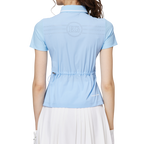 リブネックライン、ウエストにフィットするレディース半袖トップス