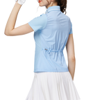 リブネックライン、ウエストにフィットするレディース半袖トップス